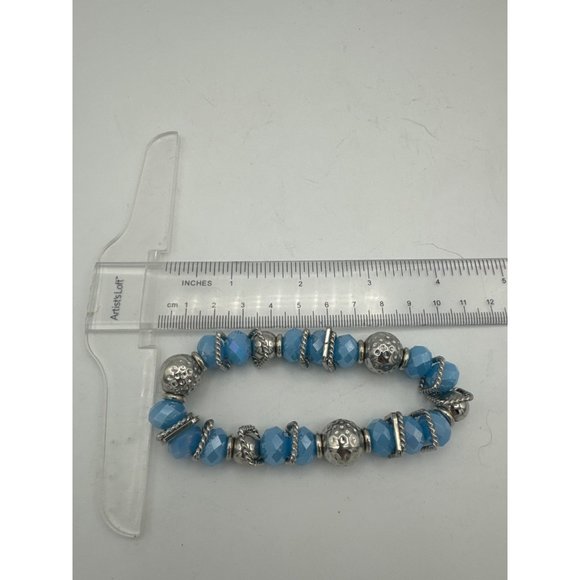 Beveled Blue and Silver Beaded Stretch Bracelet with Braided Silver Accents - Picture 4 of 5